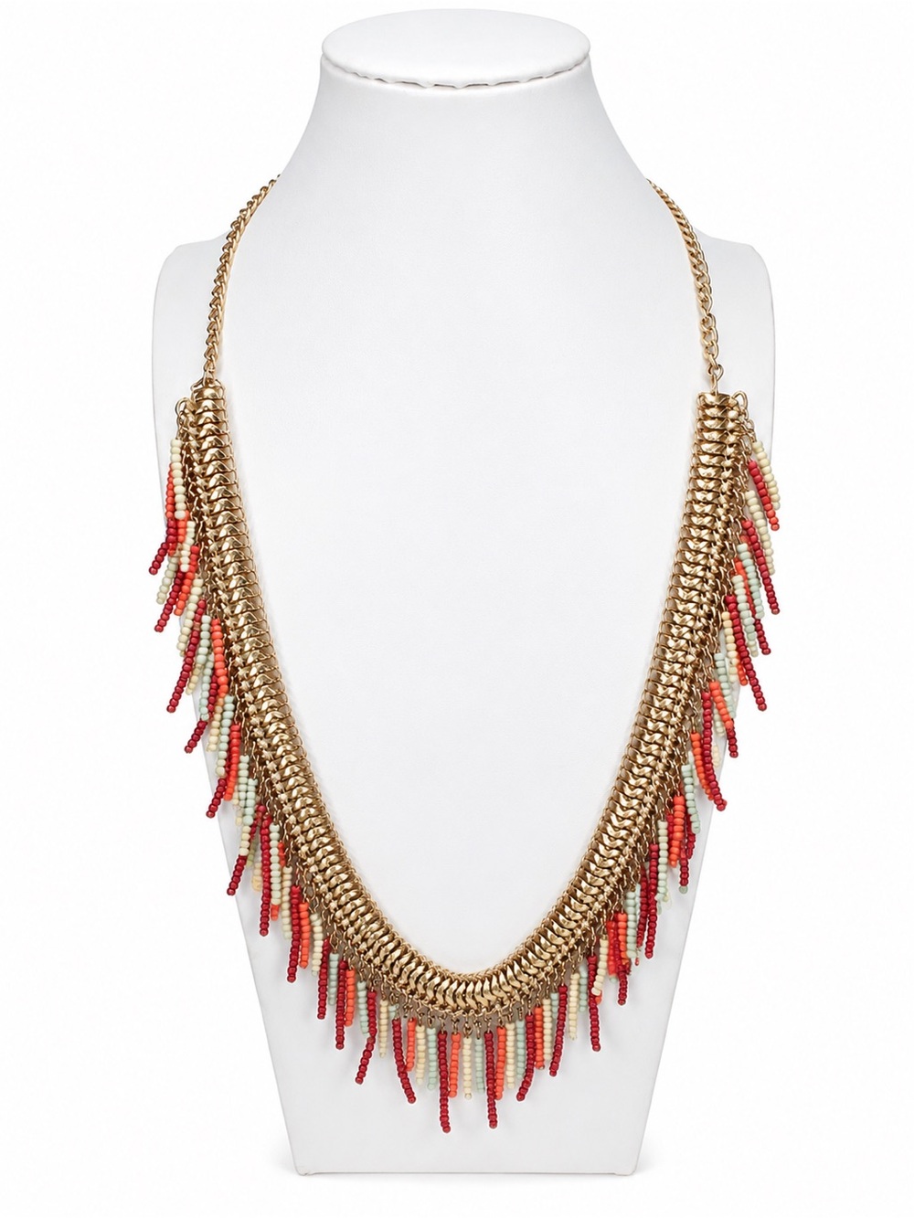 Vintage Gold Tone Fringe Statement Necklace – Seed Bead Tassel Bib Boho Festival